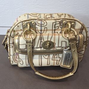 Vintage Coach Poppy Graffiti Tattersal Cream and Gold Satchel Purse.